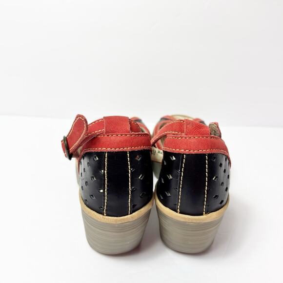 FLY LONDON YANS SANDAL WOMEN RED GRAY LEATHER WEDGE HEELS SIZE 38 OR 7.5 - Picture 7 of 7